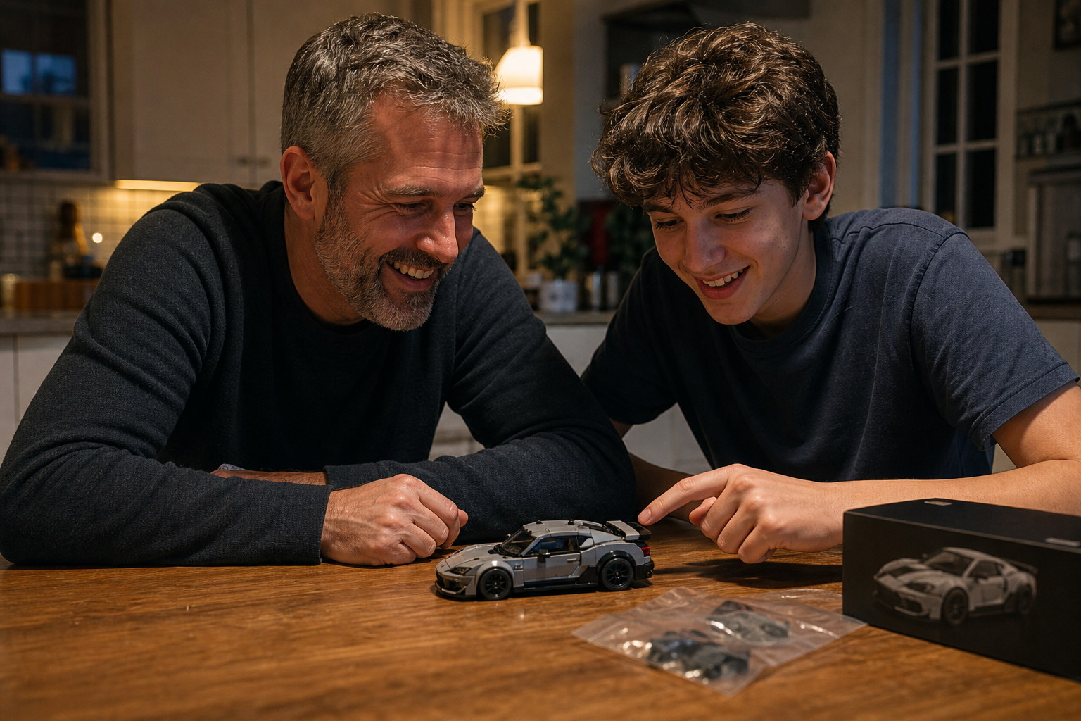 Family reacting to finished brick car model