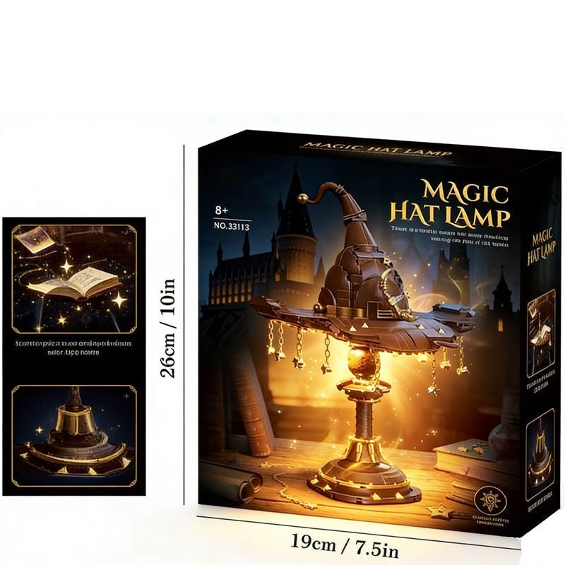 Jeu de construction Lampe Chapeau Magique – Lampe de bureau LED Chapeau de Sorcier avec Pendentifs Étoiles et Chaîne Dorée | 26cm | 8 ans et +
