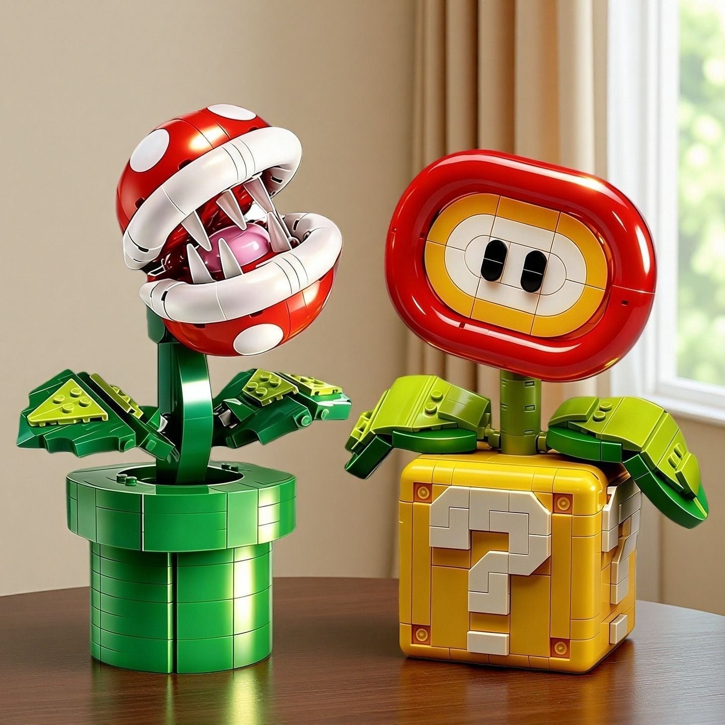 Blocs de construction Super Mario Plante Piranha et Fleur de feu – Statues double affichage avec base Bloc « ? »