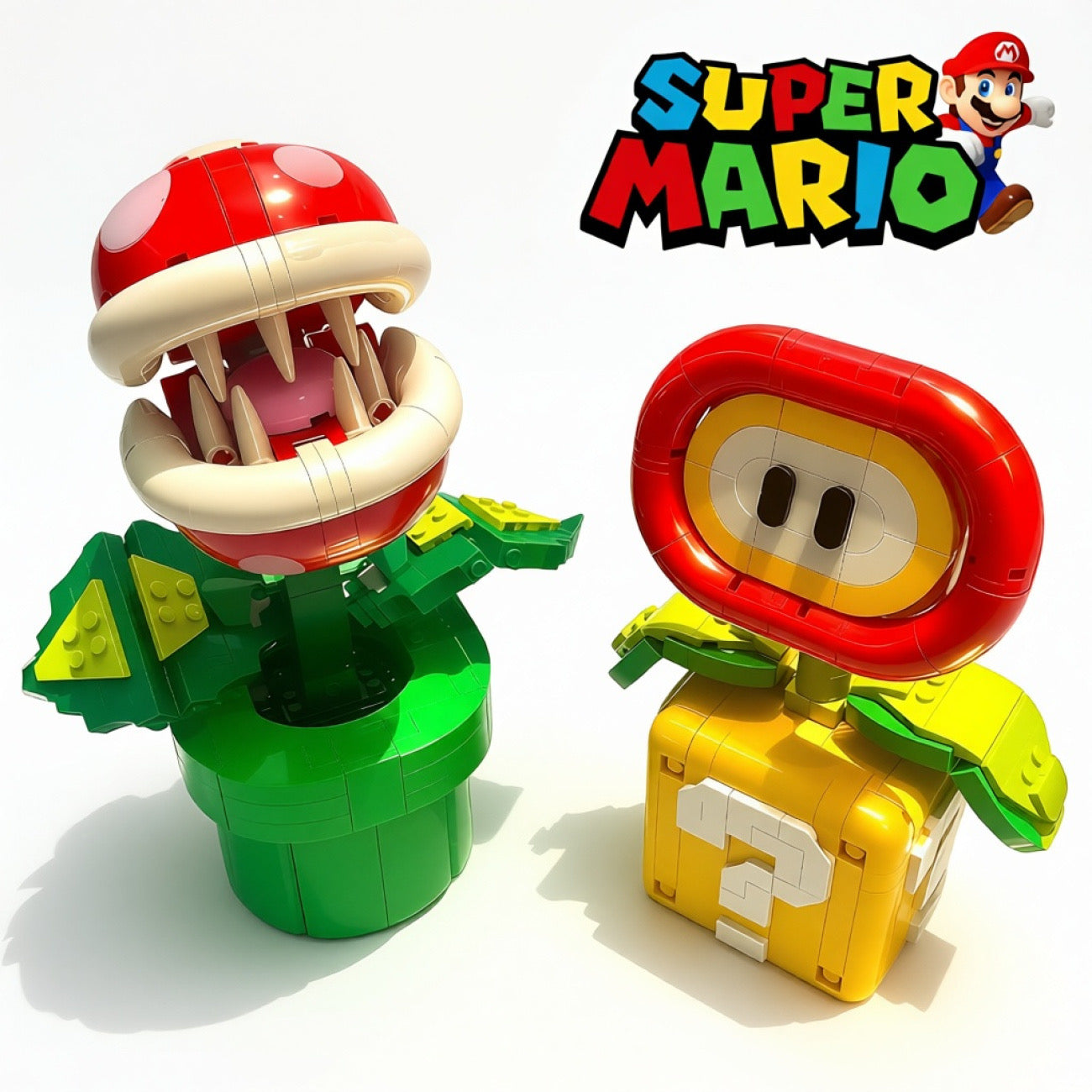 Blocs de construction Super Mario Plante Piranha et Fleur de feu – Statues double affichage avec base Bloc « ? »