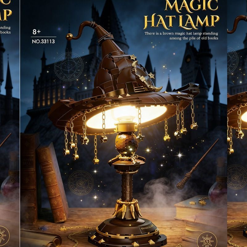 Jeu de construction Lampe Chapeau Magique – Lampe de bureau LED Chapeau de Sorcier avec Pendentifs Étoiles et Chaîne Dorée | 26cm | 8 ans et +