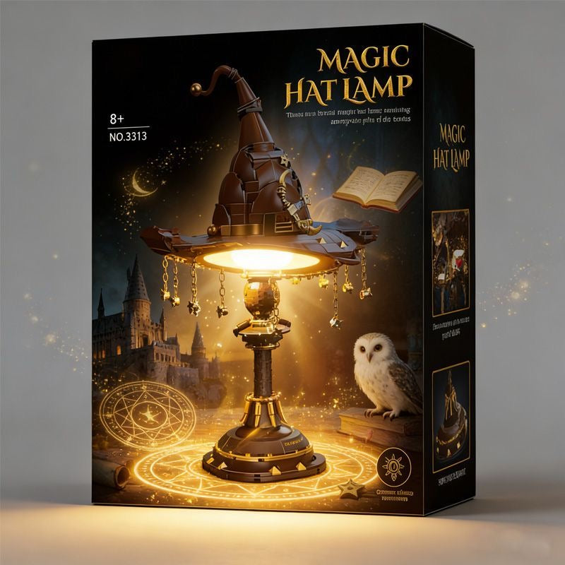 Jeu de construction Lampe Chapeau Magique – Lampe de bureau LED Chapeau de Sorcier avec Pendentifs Étoiles et Chaîne Dorée | 26cm | 8 ans et +