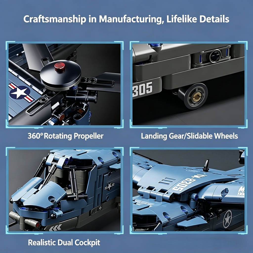 V-22 Osprey Tiltrotor Aircraft Building Block Set – 1480 Pcs | 70.7cm | 360° Rotating Propellers & Sliding Landing Gear