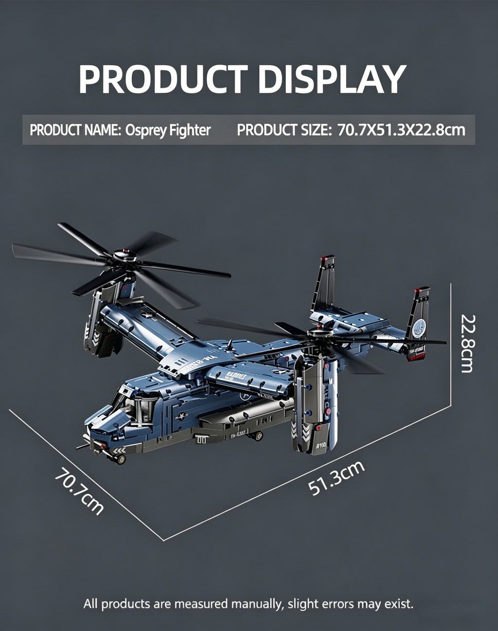 V-22 Osprey Tiltrotor Aircraft Building Block Set – 1480 Pcs | 70.7cm | 360° Rotating Propellers & Sliding Landing Gear