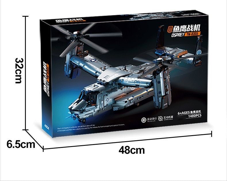 V-22 Osprey Tiltrotor Aircraft Building Block Set – 1480 Pcs | 70.7cm | 360° Rotating Propellers & Sliding Landing Gear