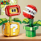 Super Mario Piranha Plant & Fire Flower Building Block – Dual Display Statues with Question Block Base
