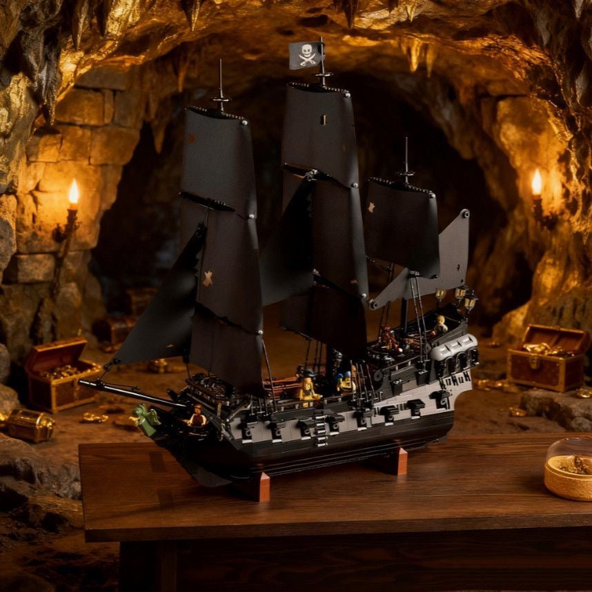 Black Pearl Pirate Ship Building Block Set – 2862 Pcs | Full Black Sails | Multiple Minifigures & Rowboat