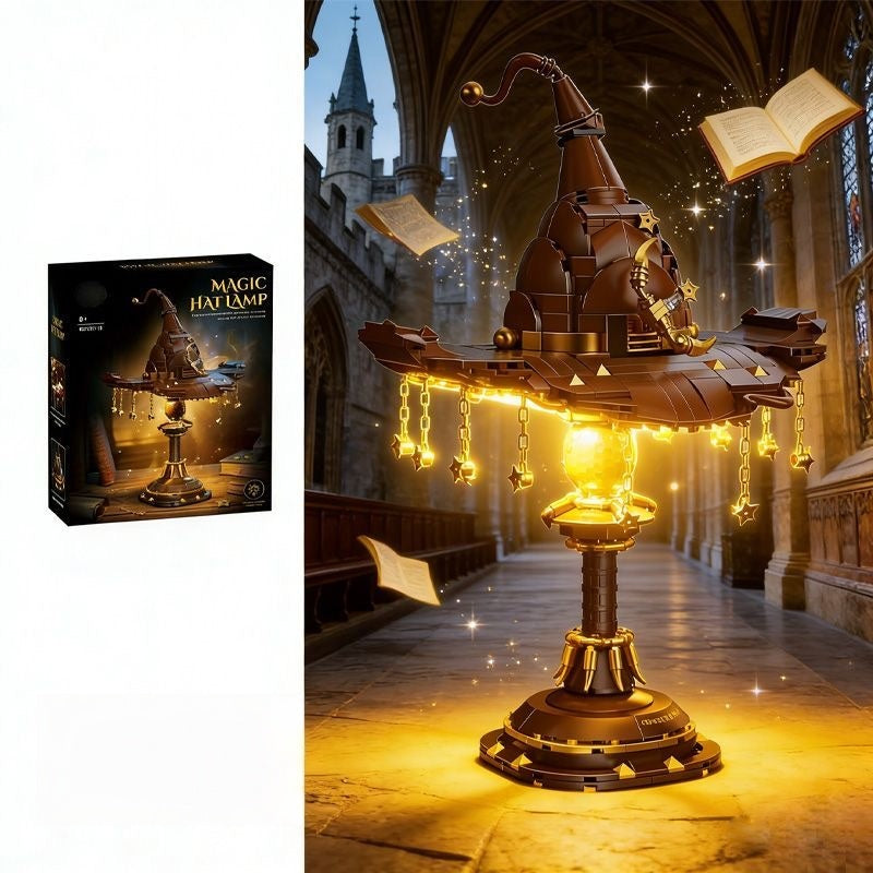 Jeu de construction Lampe Chapeau Magique – Lampe de bureau LED Chapeau de Sorcier avec Pendentifs Étoiles et Chaîne Dorée | 26cm | 8 ans et +