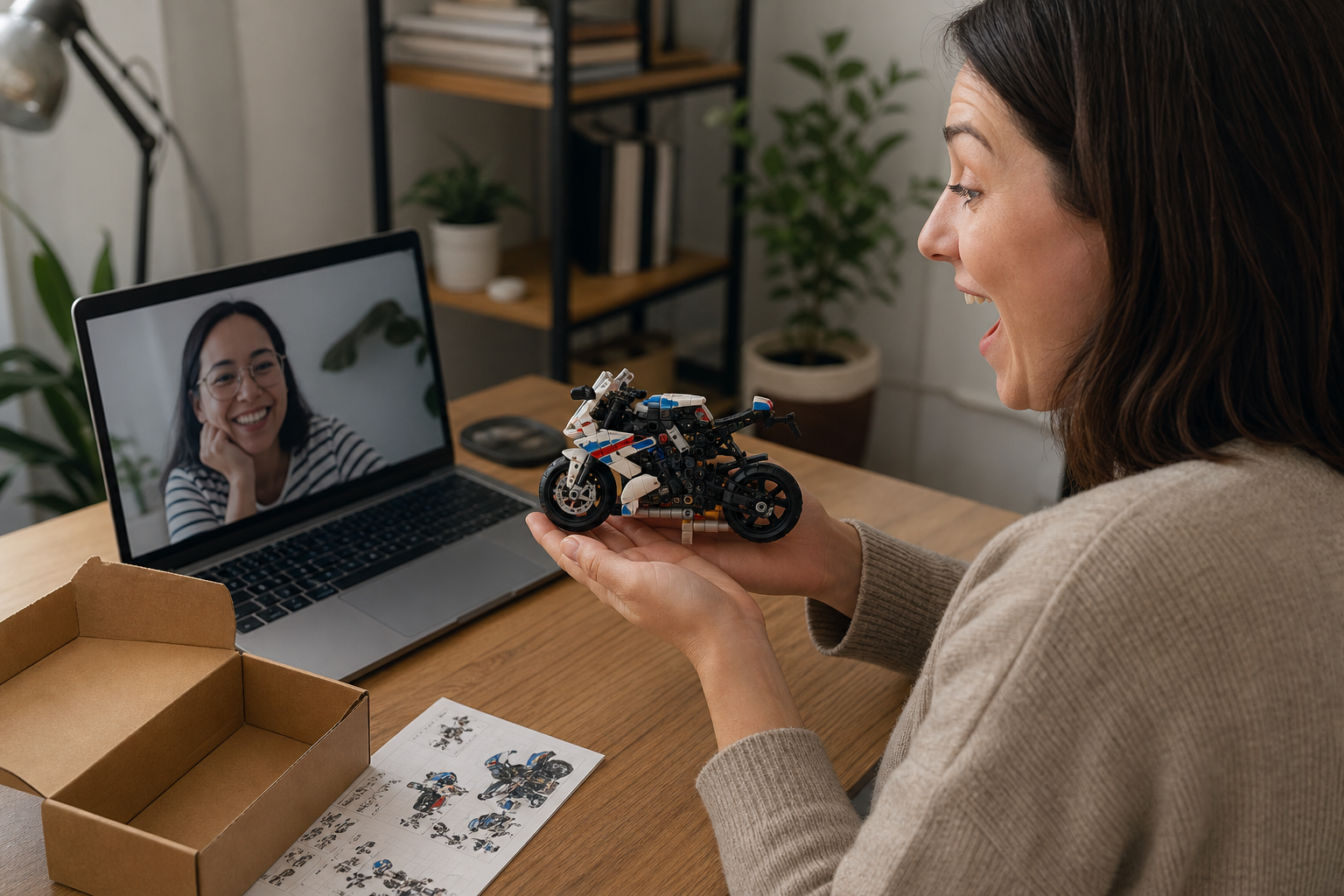 Customer showing custom brick motorcycle on video call